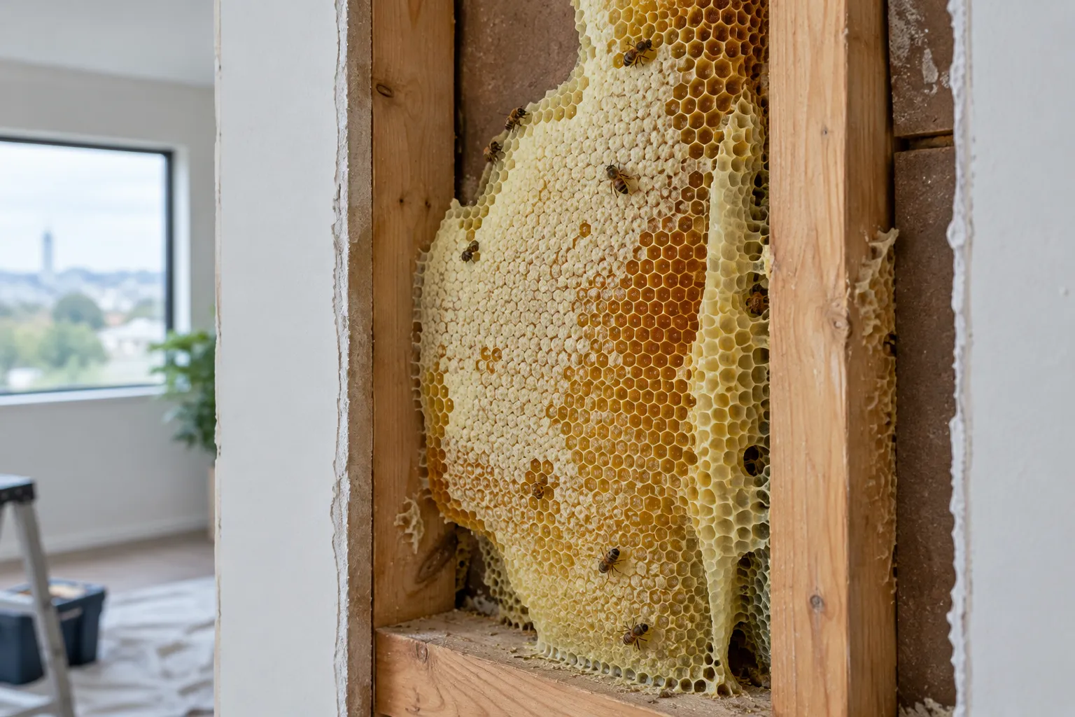 An opened wall cavity showing pale honeycomb built between timber studs, with a few honey bees on it