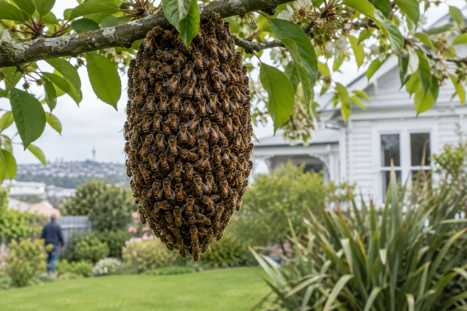 A large cluster of honey bees hanging from a tree branch in a suburban garden, with a weatherboard house behind